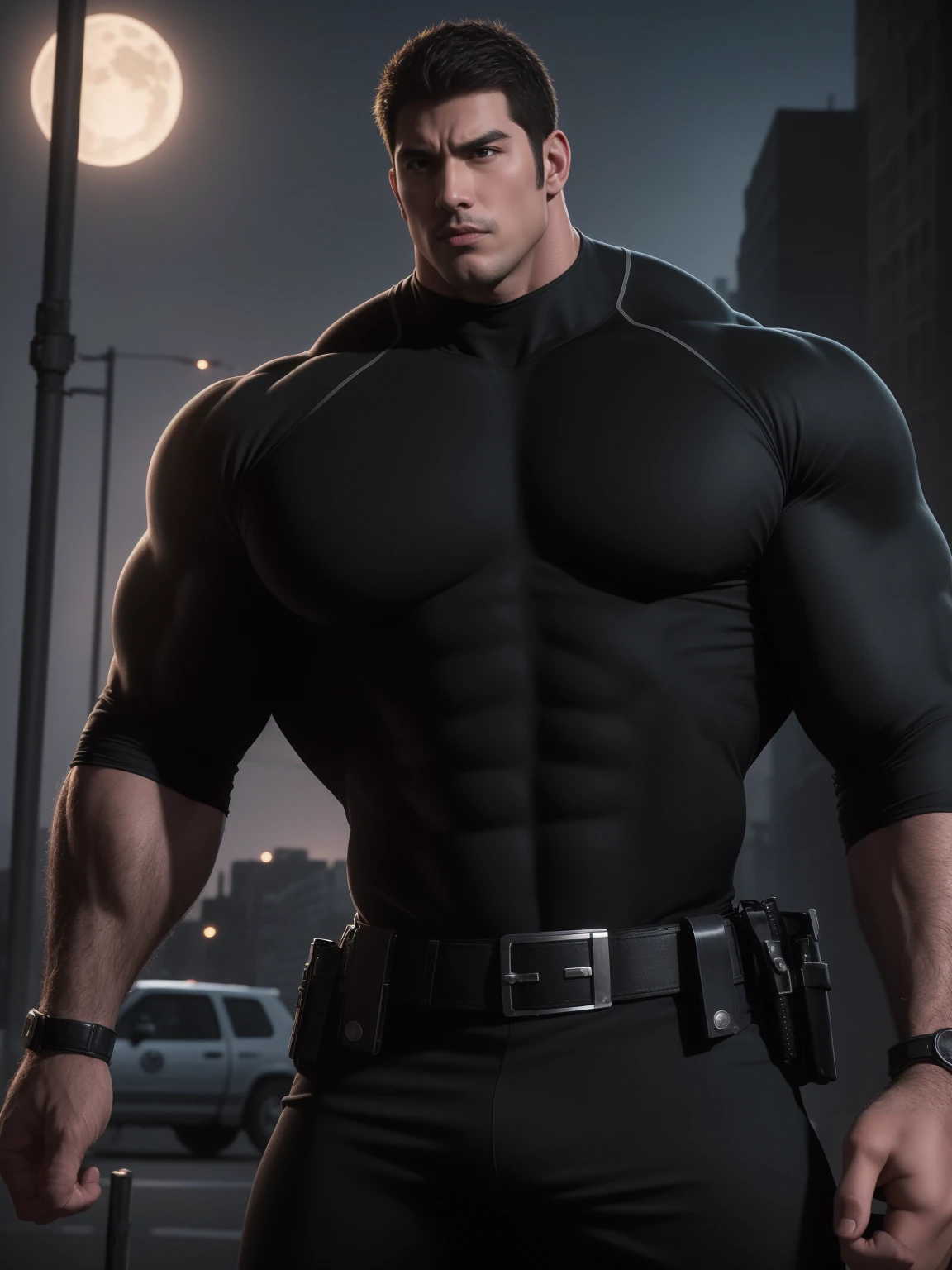 One Tall giant muscular police officer, outdoors on the street, Brown Superhero Bodysuit, The expression is arrogant, Lift your chin, messy hair, Thick thighs, Brown Superhero Bodysuit, very tight, Regular symmetrical pattern, Highlight muscles, Police uniform pants, character concept(Resident Evil - chris redfield, chris redfield)A proud expression, Deep and charming eyes, Valiant male pose, tall Burly, muscular!muscular thighs, Tough Guy, Perfect facial features, High, Burly, Heqiang, Super attractive and cool, High Resolution Committee, Charismatic strongman, Moonlight is bright,