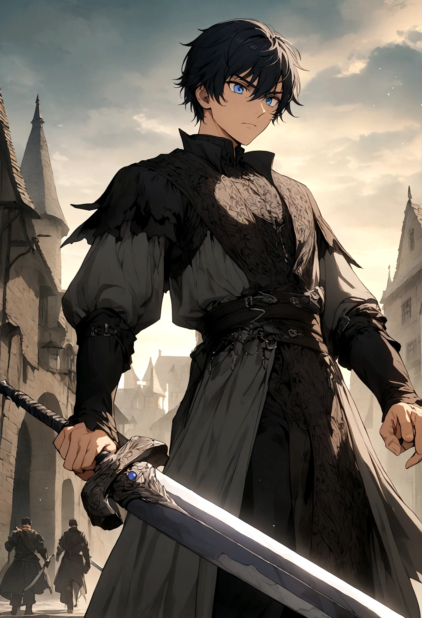 black hair anime boy with medieval rogue black clothes rpg with blue eyes and a sword