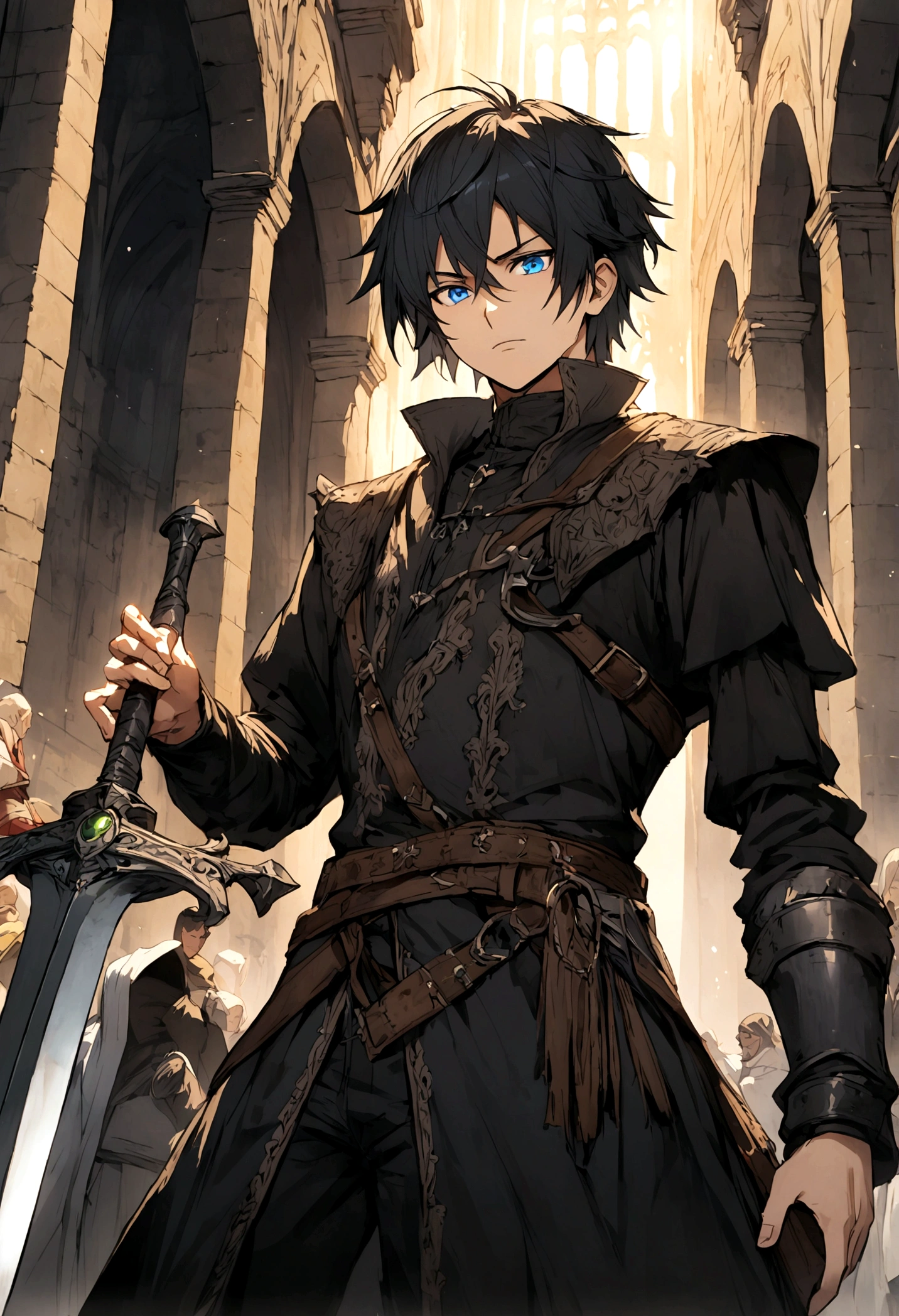 black hair anime boy with medieval rogue black clothes rpg with blue eyes and a sword