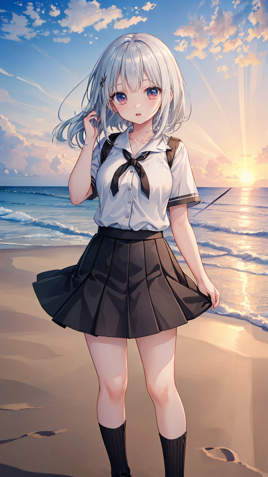 ((masterpiece)), ((highest quality)), ((High resolution)), ((Highly detailed CG Unity 8k wallpaper)), alone, Brown uniform, Black Skirt, White socks, Outdoor, face, Beach, Hanging hair, Parted hair, Silver Hair, 笑face, 