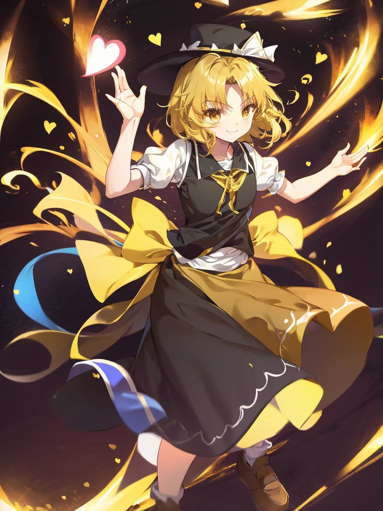 1girl, , , masterpiece, best quality, 10 years old, medium blonde hair, forehead visible bags, yellow eyes, hat, heart, black headwear, puffy short sleeves, log black skirt, heart hads,,1girl, solo, yellow eyes, yellow hair, bow, hat bow, socks, black footwear, black skirt, short sleeves, yuki (touhou), black vest, white sleeves, frill skirt, light smile
