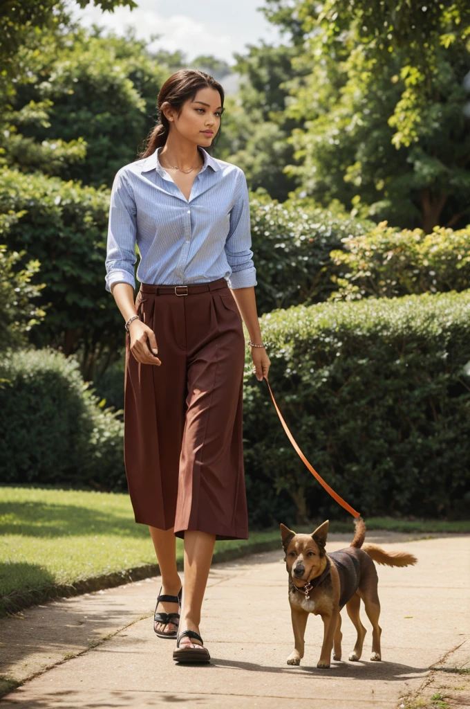 A young queen walks his dog.