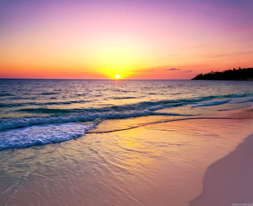 (Sunrise), An absolutely mesmerizing sunset over the beach, with a blend of oranges, pinks, and yellows filling the sky. Crystal-clear waters of the sea gently kissing the shore, with sandy white beach stretching far and wide. The scene is dynamic and breathtaking. Take in the calming atmosphere and let the peacefulness wash over you.