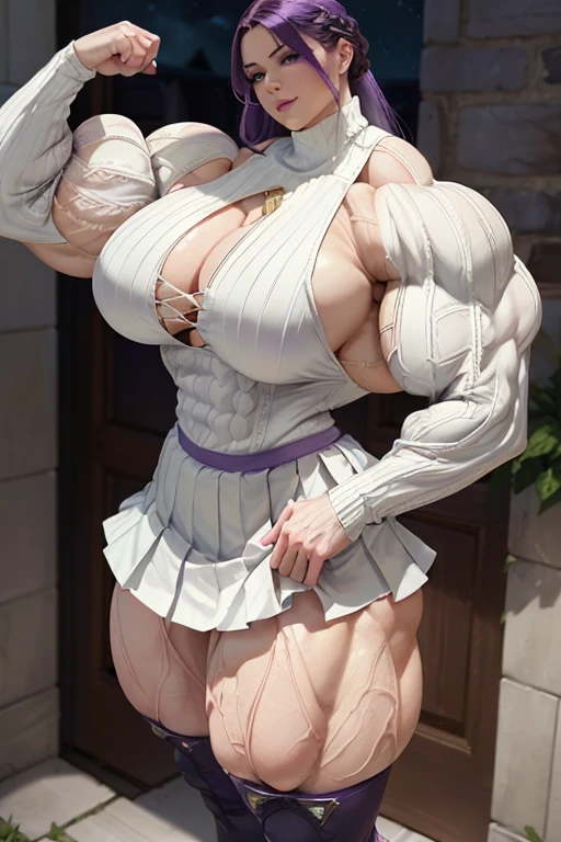 (((((Massive tall, beautiful, buff, pale white skinned muscular woman with violet purple hair, ginormous bulky muscles and wearing a beautiful white long-sleeved turtleneck sweater with white pleated skirt))))), (close view), (massive muscles), long hair with long bangs, ((chained belt)), black eyes, choker, ((beautiful turtleneck sweater)), (white pleated skirt), belt, white boots, (in the Cloudy beautiful village), closed smile, night, ginormous muscles