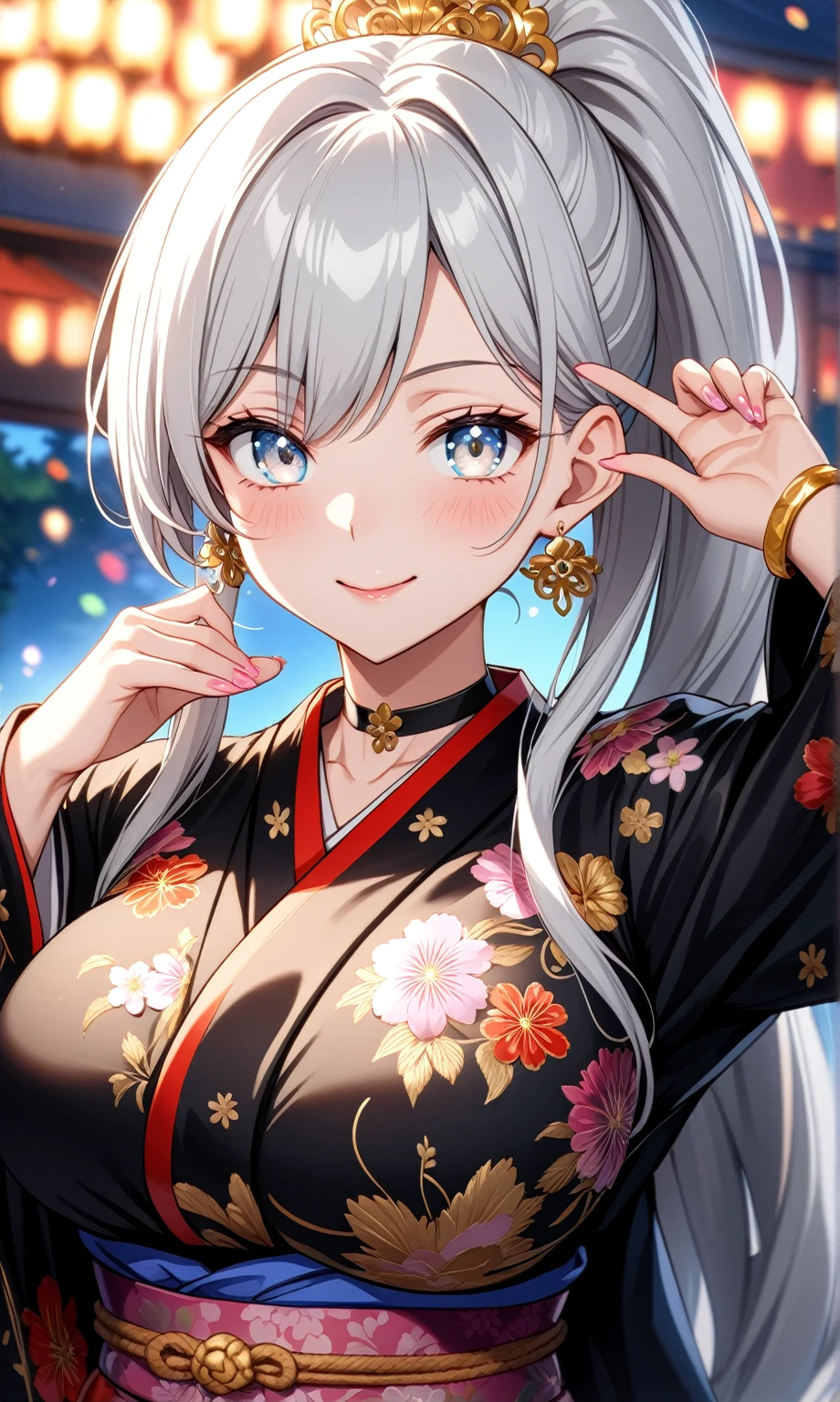 ((one personの女性)), Beautiful Face,((Wink:1.8)),((a woman making a cute hand sign. She is placing both hands on her head, with a playful smile)),(Bright red cheeks:1.4),Laughing embarrassedly,Laughing with your mouth open,Glossy pink lips,Lighting on the face,night,night景の見える屋上,Colorful fireworks,((Anime style background)),masterpiece, highest quality, so beautiful, Latest, Complex details, (Pink long nails),(ring),(bracelet),(choker),AI-generated, Complex,High resolution, highest quality, super high quality,3D Images、View your viewers、3D Images,one person,Long white hair,High Ponytail,(blue eyes),Anime woman posing for a photo, ((Fine grain、Silvery white colorful eyes、Shining Eyes:1.2)),(Squint your eyes:1.1),a hyperRealistic , hyperRealistic , Realistic,Anime woman with long and white hair, Smooth anime CG art, A woman in a colorful kimono with gold embroidery, (Black kimono),Red floral pattern,Long flower hair ornament,Big earrings,Mature Body,(Big Breasts:1.2),Tall,Abdominal muscles,Narrow waist,(Zoom in on face),