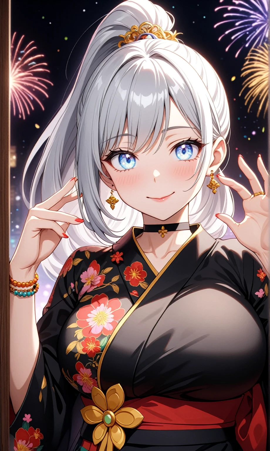 ((one personの女性)), Beautiful Face,((Wink:1.8)),((a woman making a cute hand sign. She is placing both hands on her head, with a playful smile)),(Bright red cheeks:1.4),Laughing embarrassedly,Laughing with your mouth open,Glossy pink lips,Lighting on the face,night,night景の見える屋上,Colorful fireworks,((Anime style background)),masterpiece, highest quality, so beautiful, Latest, Complex details, (Pink long nails),(ring),(bracelet),(choker),AI-generated, Complex,High resolution, highest quality, super high quality,3D Images、View your viewers、3D Images,one person,Long white hair,High Ponytail,(blue eyes),Anime woman posing for a photo, ((Fine grain、Silvery white colorful eyes、Shining Eyes:1.2)),(Squint your eyes:1.1),a hyperRealistic , hyperRealistic , Realistic,Anime woman with long and white hair, Smooth anime CG art, A woman in a colorful kimono with gold embroidery, (Black kimono),Red floral pattern,Long flower hair ornament,Big earrings,Mature Body,(Big Breasts:1.2),Tall,Abdominal muscles,Narrow waist,(Zoom in on face),