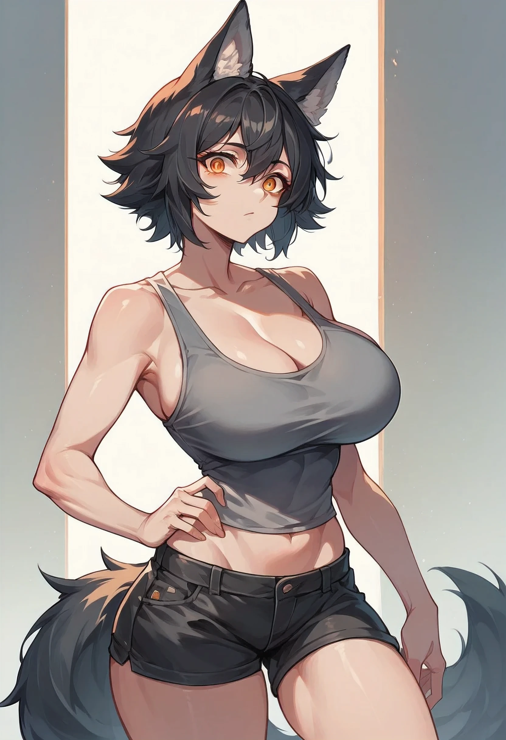 masterpiece, best quality, expressive eyes, perfect face, 1girl, solo, orange eyes, short black hair, wolf ears, wolf tail, big breasts, tall body, good figure, defined abdomen, gray tank top, black shorts