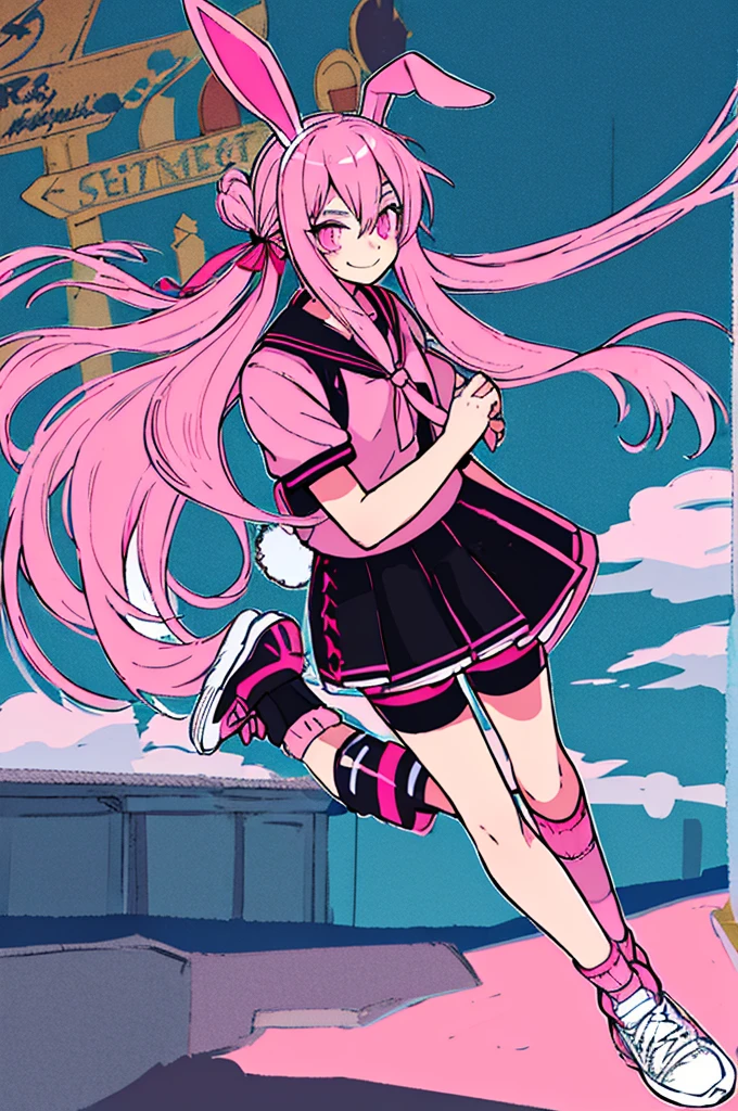 1girl, solo, pink hair, fingerless gloves, long hair, gloves, pink eyes, smile, animal ears, looking at viewer, shorts, rabbit ears, socks, shoes, ribbon, black gloves, sneakers, very long hair, hair ribbon, black shorts