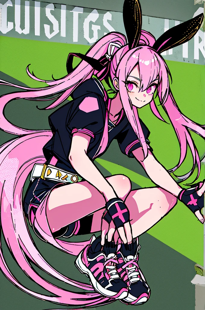 1girl, solo, pink hair, fingerless gloves, long hair, gloves, pink eyes, smile, animal ears, looking at viewer, shorts, rabbit ears, socks, shoes, ribbon, black gloves, sneakers, very long hair, hair ribbon, black shorts