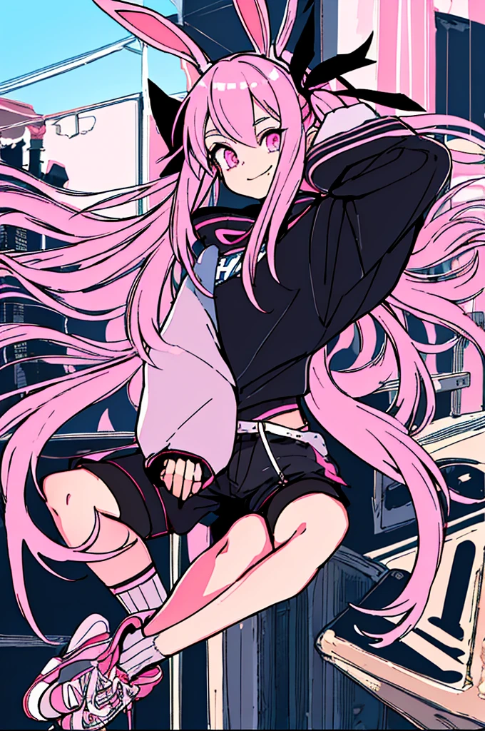 1girl, solo, pink hair, fingerless gloves, long hair, gloves, pink eyes, smile, animal ears, looking at viewer, shorts, rabbit ears, socks, shoes, ribbon, black gloves, sneakers, very long hair, hair ribbon, black shorts