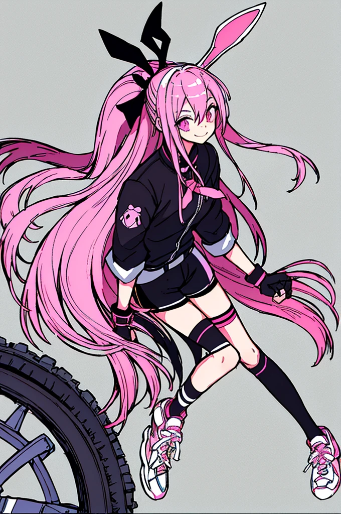 1girl, solo, pink hair, fingerless gloves, long hair, gloves, pink eyes, smile, animal ears, looking at viewer, shorts, rabbit ears, socks, shoes, ribbon, black gloves, sneakers, very long hair, hair ribbon, black shorts