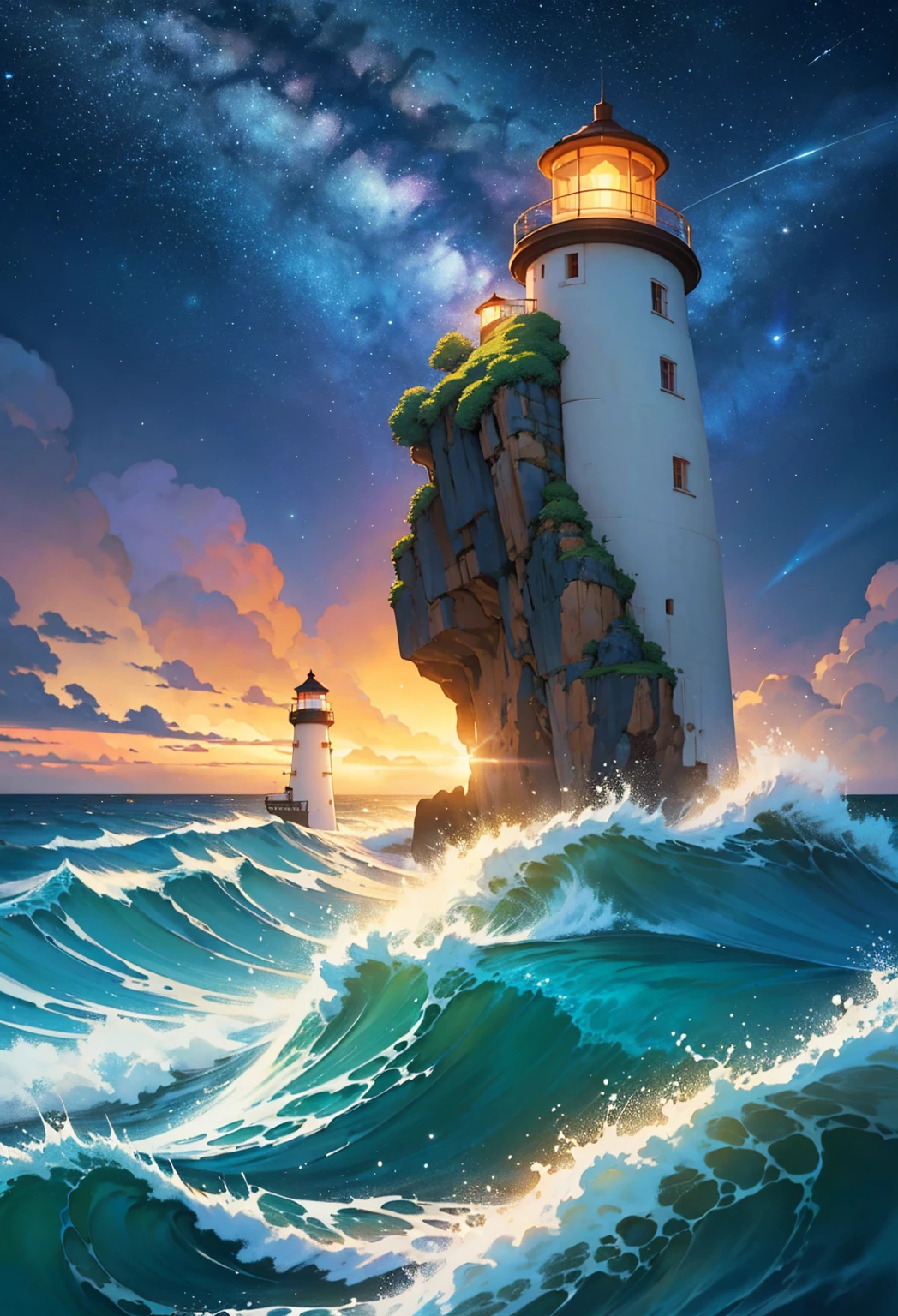Vibrant and dynamic illustrations and vectors, a picturesque 1lighthouse standing tall on a small island, detailed waves crashing on the shore,night,starry sky,shooting star, vibrant colors, dynamic composition, digital painting, Studio Ghibli-inspired, cozy lighting, whimsical atmosphere, by Junji Ito and Hayao Miyazaki, artstation trending, 4k resolution. Masterpiece.