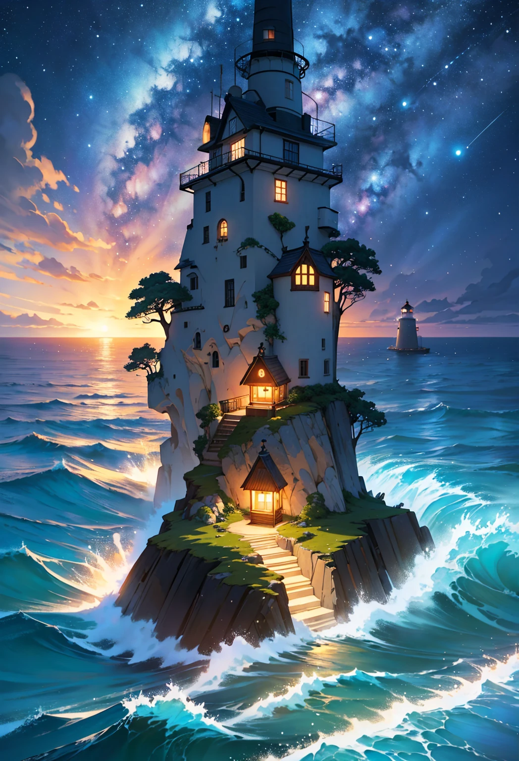 Vibrant and dynamic illustrations and vectors, a picturesque 1lighthouse standing tall on a small island, detailed waves crashing on the shore,night,starry sky,shooting star, vibrant colors, dynamic composition, digital painting, Studio Ghibli-inspired, cozy lighting, whimsical atmosphere, by Junji Ito and Hayao Miyazaki, artstation trending, 4k resolution. Masterpiece.