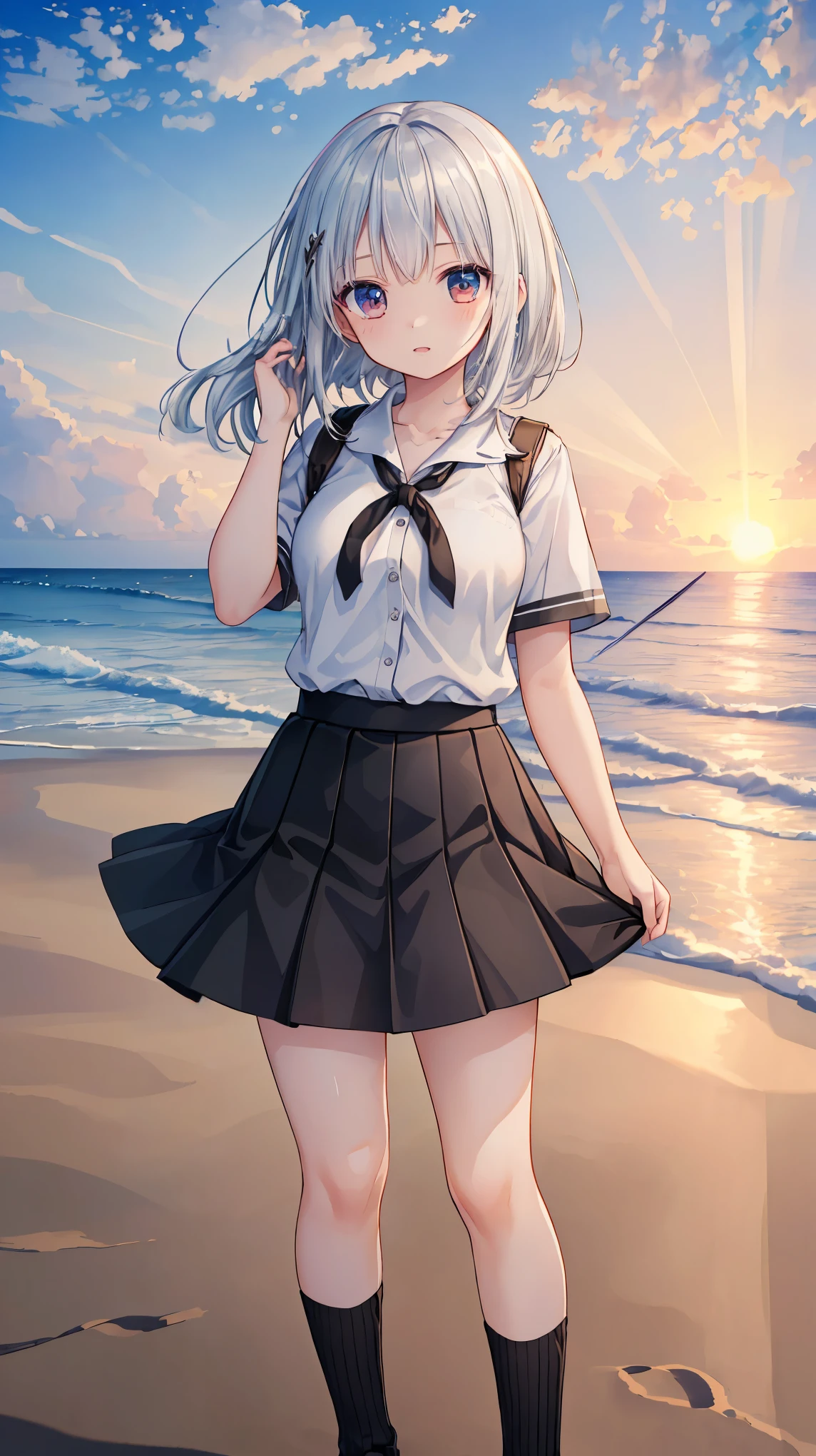 ((masterpiece)), ((highest quality)), ((High resolution)), ((Highly detailed CG Unity 8k wallpaper)), alone, Brown uniform, Black Skirt, White socks, Outdoor, face, Beach, Hanging hair, Parted hair, Silver Hair, 笑face, 