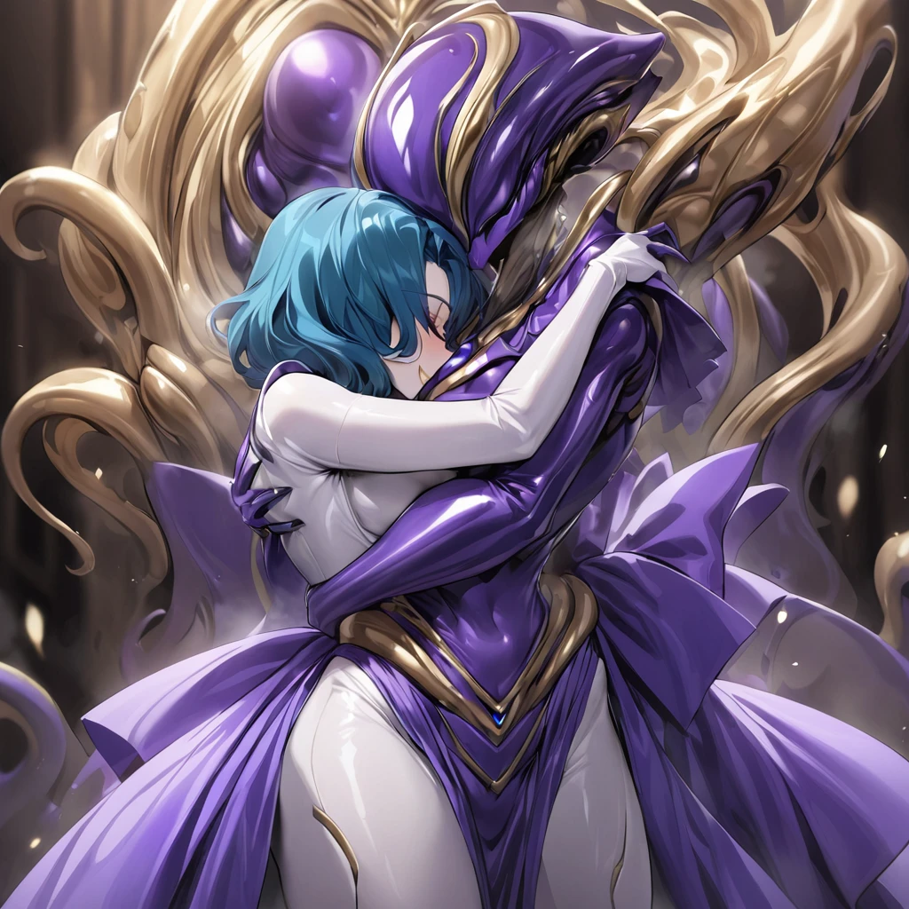 ((highest quality)), ((masterpiece)), (detailed), （Perfect Face）、The woman is Alien Mercury, wearing an alien dress, with short blue hair and a completely alien body.、The woman is happily hugging and kissing the powerful alien king.