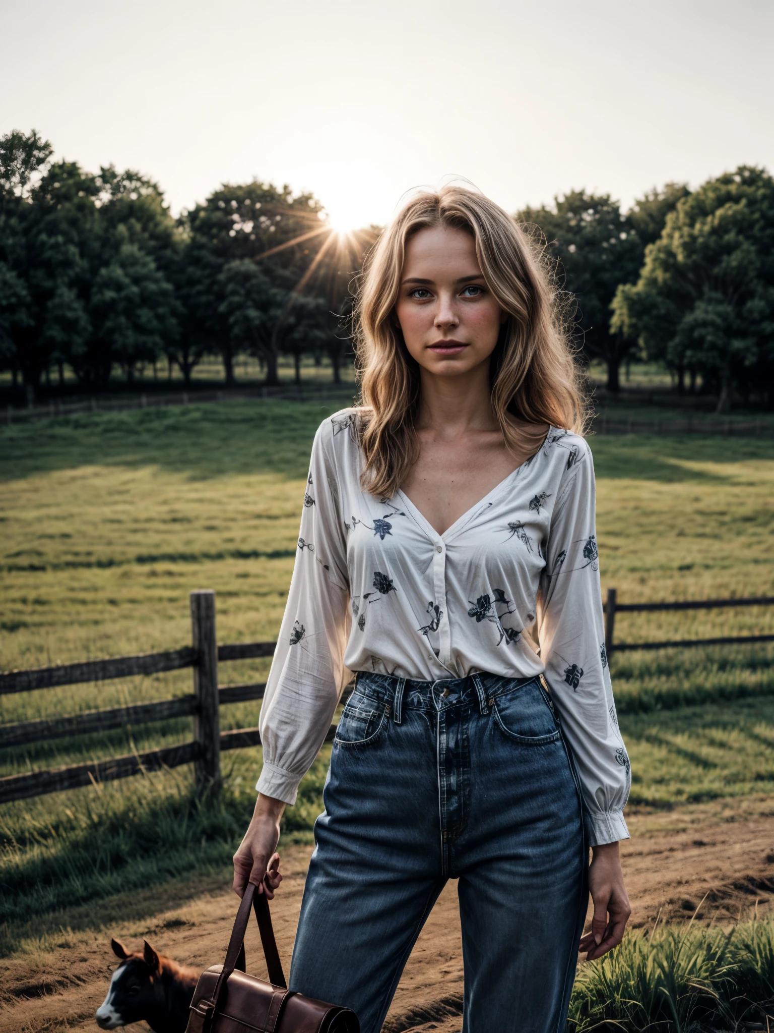 photograph a girl in the rustic setting of a dairy farm, surrounded by rolling green pastures and contented cows. She would be captured in a moment of quiet contemplation, wearing practical yet charming attire—a comfortable blouse with a subtle floral print and jeans that allow her to move easily as she tends to the animals. girl's hair, long and flowing, would catch the sunlight, adding a natural glow to her serene expression. The photograph would highlight the simplicity and beauty of farm life, with soft natural light emphasizing Diana's connection to the land and her role in caring for the animals.