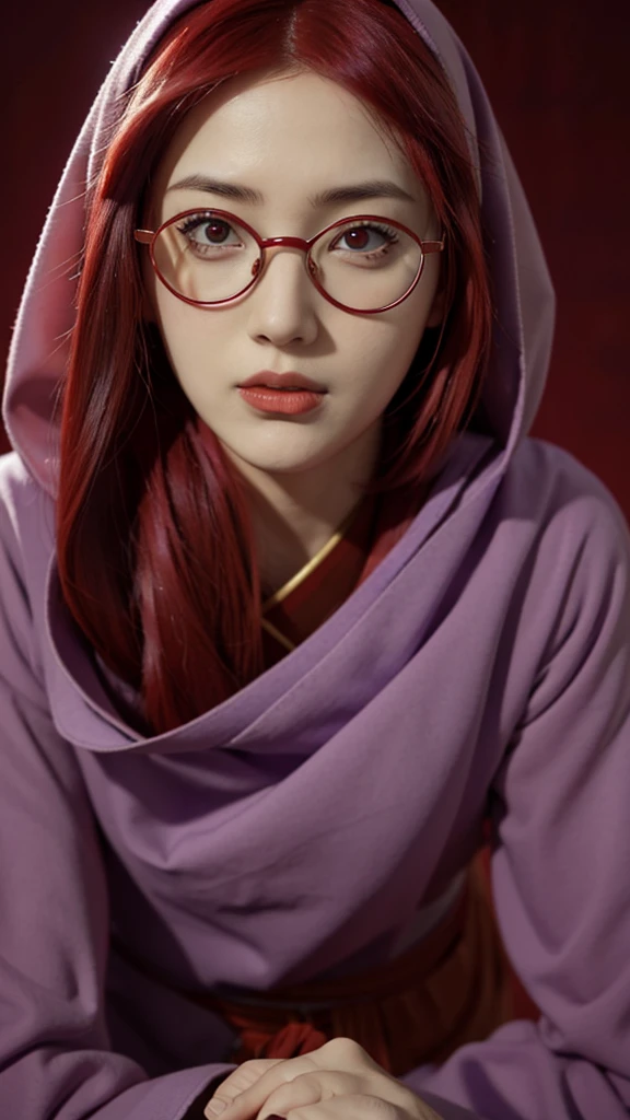 1girl, uzumaki karin in anime naruto, long hair, red hair, red eyes, beautifull, wear glasses red, purple clothes, muslim clothes, muslim style, wearing a mukena, wear the hijab, gamis purple clothes, wear a headscarf, mosque background, ultra detail, realistic, red lips