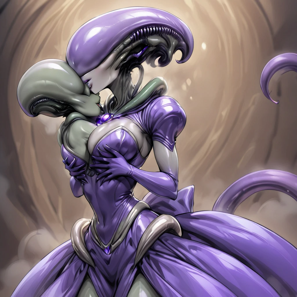 ((highest quality)), ((masterpiece)), (detailed), （Perfect Face）、The woman is Alien Mercury, wearing an alien dress, with short blue hair and a completely alien body.、The woman is happily hugging and kissing the powerful alien king.