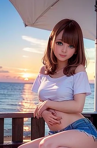A glaring summer evening、sunset、Beach、Beachパラソル、A girl under a parasol、White T-shirt、Denim mini skirt、Bare legs、Sitting and looking at the sea、Bob Hair、Brown Hair、Big Breasts、I can see your belly button、Over your shoulder、Raw photo、masterpiece、16k、highest quality、Beautiful face、