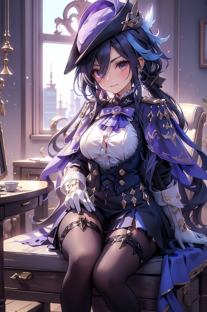 Side Angle、Cross your arms、Fearless smile、clorinde \(genshin impact\),1girl,solo,purple eyes,hat feather,tricorne,white gloves,low ponytail,blue cape,blue hair,epaulettes,black pantyhose,ascot,breasts,black skirt,corset,blue headwear,boots,leg garter,black corset,shirt,earrings,high heels,Sit in a chair in the office、Luxurious Western-style interior