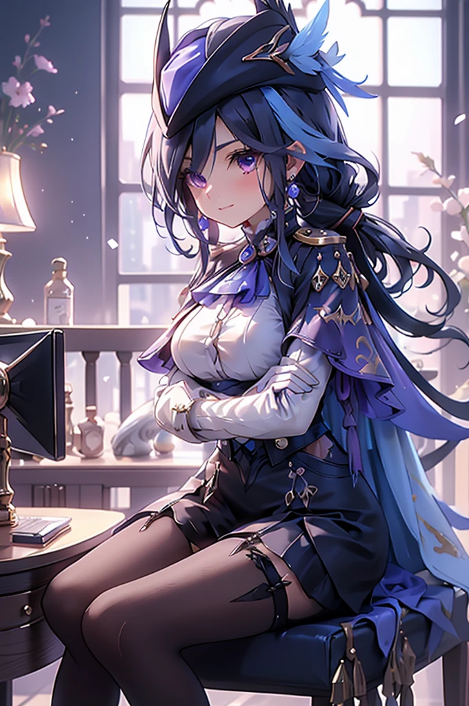 Side Angle、Cross your arms、Fearless smile、clorinde \(genshin impact\),1girl,solo,purple eyes,hat feather,tricorne,white gloves,low ponytail,blue cape,blue hair,epaulettes,black pantyhose,ascot,breasts,black skirt,corset,blue headwear,boots,leg garter,black corset,shirt,earrings,high heels,Sit in a chair in the office、Luxurious Western-style interior