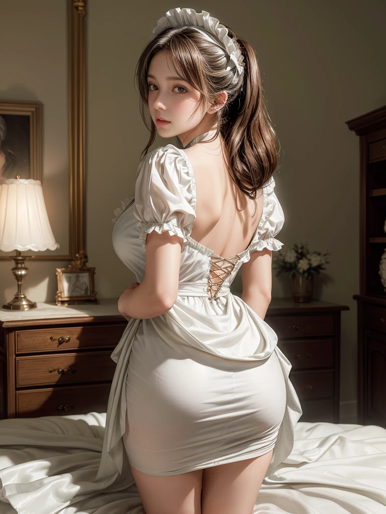 ((best Quality: 1.4)), (Unparalleled Masterpiece), (Ultra High Definition), (Ultra Realistic 8k CG), (half body image:1.5 ), (ultra detailed), (maid, solo ), (art by Jean Baptiste Monge), highly detailed maid clothes, half apron , stunningly beautiful, highly detailed beautiful hair, highly detailed hairstyle, cinematic soft lighting, happy , in old western house, ,soft backlighting effect to add depth to the image, Anisotropic Filtering, Depth of Field, Maximum clarity and sharpness, , 8 life size, plus size body , perfect anatomy, symmetrical and balanced, beautiful gradient, sharp focus, golden ratio, Centered image, Beautiful Composition,(looking back to viewer:1.5),