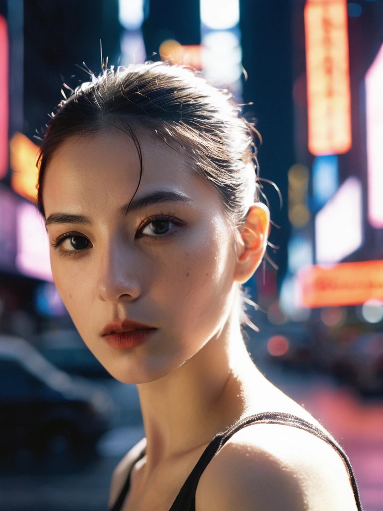 xxmixgirl,Detailed female face Times Square detailed background shadow cyberpunk dramatic lighting by Bill Sienkiewicz 1 person ( Affirmation simple XLv1:0.7), cheveux blanc clairs