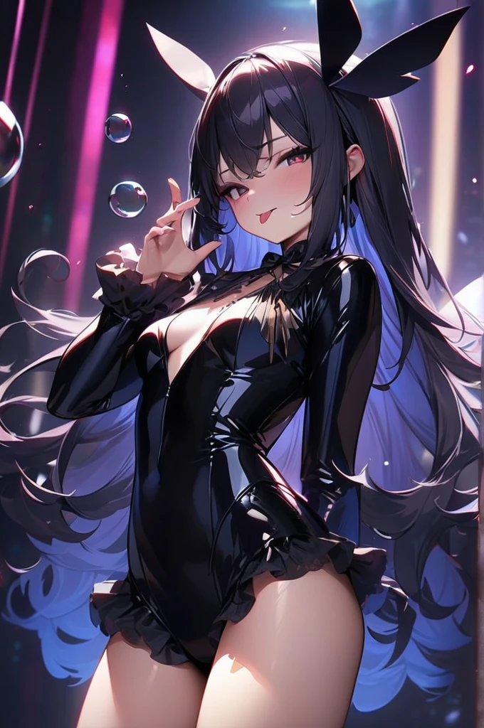 ((Best quality)), ((masterpiece)), (detailed), ((masterpiece)), ((high quality)), illya, tongue out, bubble , dressed like slut, seductive look, cowboy shot, look at viewer, in the night club, sexy, erotic