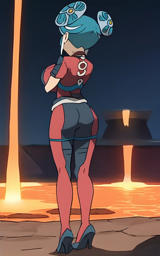 best quality,ultra detailed,solo,1girl,score_9, score_8_up, score_7_up, score_6_up, score_5_up, score_4_up, source_anime, maquia, two-tone hair, aqua hair, aqua eyes, white bodysuit, smile,dark emperors,huge breasts,(behind view,portrait),full body, standing on lava,heavenly ass, heavenly breasts, big ass, no shoes, wearing heels, backside, long legs, showing own ass