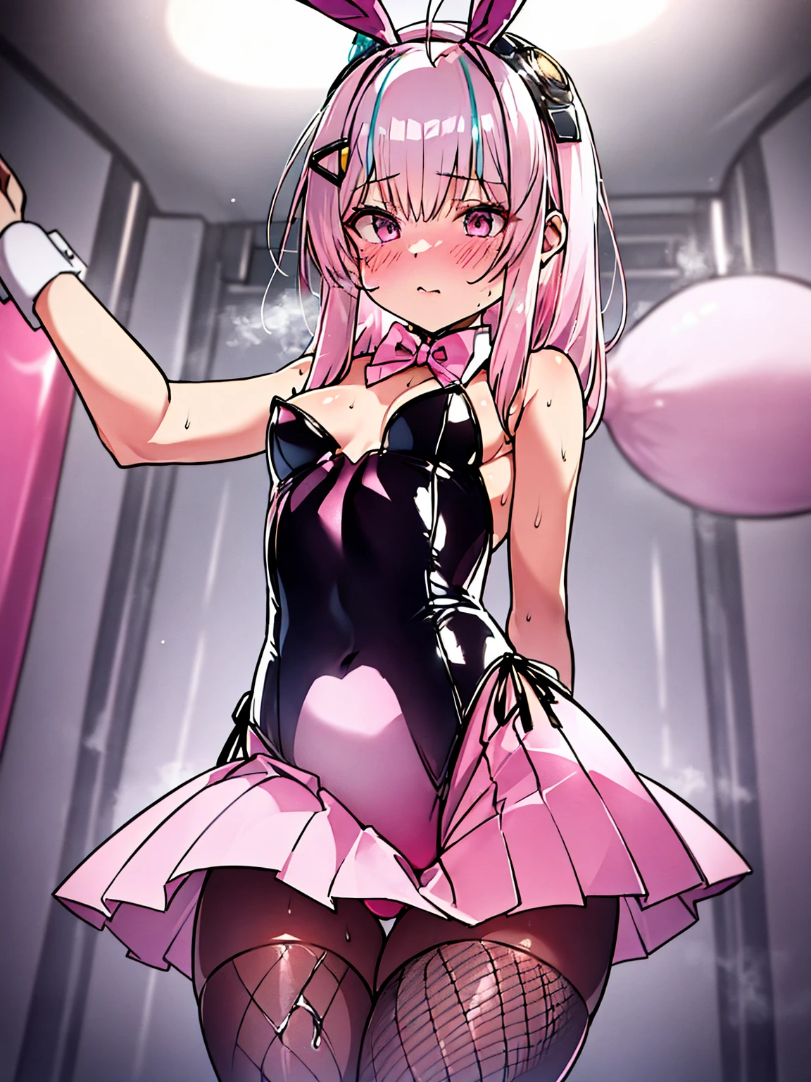 ((nikkeadmi)),nsfw,((solo girl)),((Perfect body,))((Super beautiful,))((High quality,)), (sweaty,wet fullbody,)Steam,blush,Shiny,love hotel room,thigh-high socks,cowboy shot,(pov, Looking at Viewer,),small ,half open eyes,collar,((Pleated skirts that are too short and expose underwear,Lift up the hem of her skirt to show off her crotch)),((pink colors Playbo girl costume,fishnets pantyhose, whantyhose,bunny raear hairband,))
