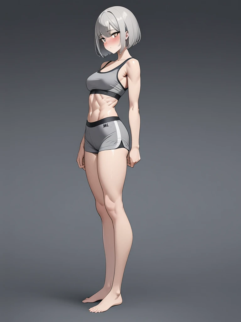 ((8K resolution))、((highest quality))、((masterpiece))、((Very detailed))、 (Anatomically correct)、((theme、whole body:1.1)), one person、girl、blush、Disgusting、(A slim but muscular body,Toned arms, Long, slender legs,),((hair:Short Bob、Inner Color)),(Grey sports bra、gray sports shorts)