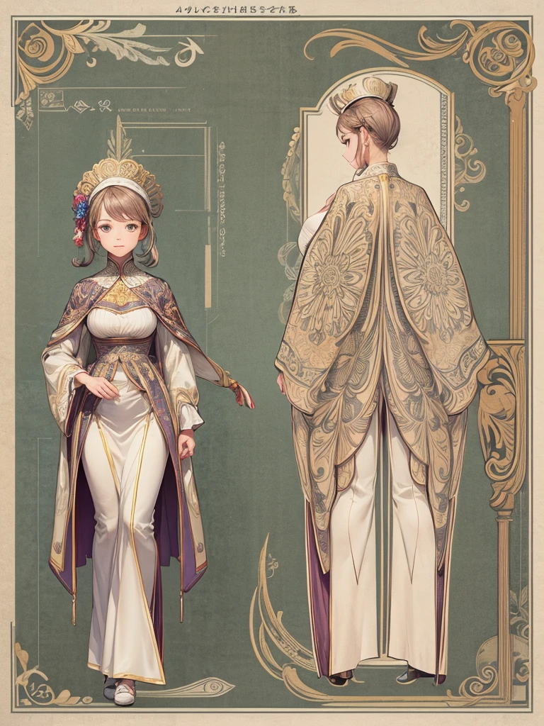 cute, standing lady, three view drawing, front and back and side,full body,simple background