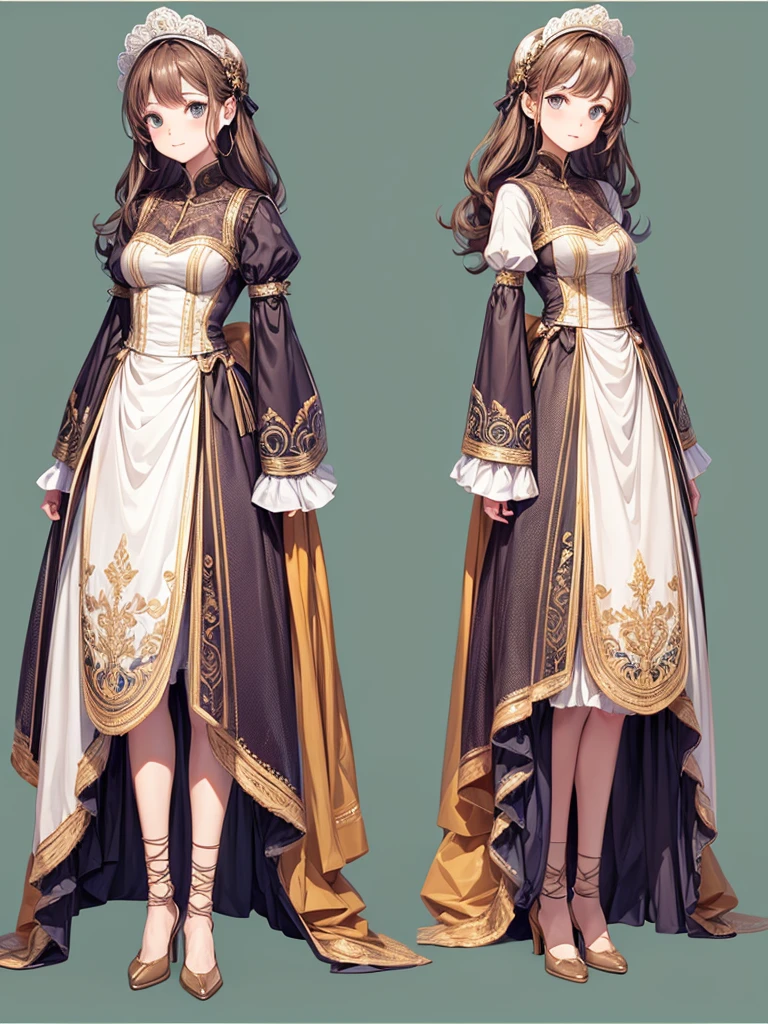 cute, standing lady, three view drawing, front and back and side,full body,simple background