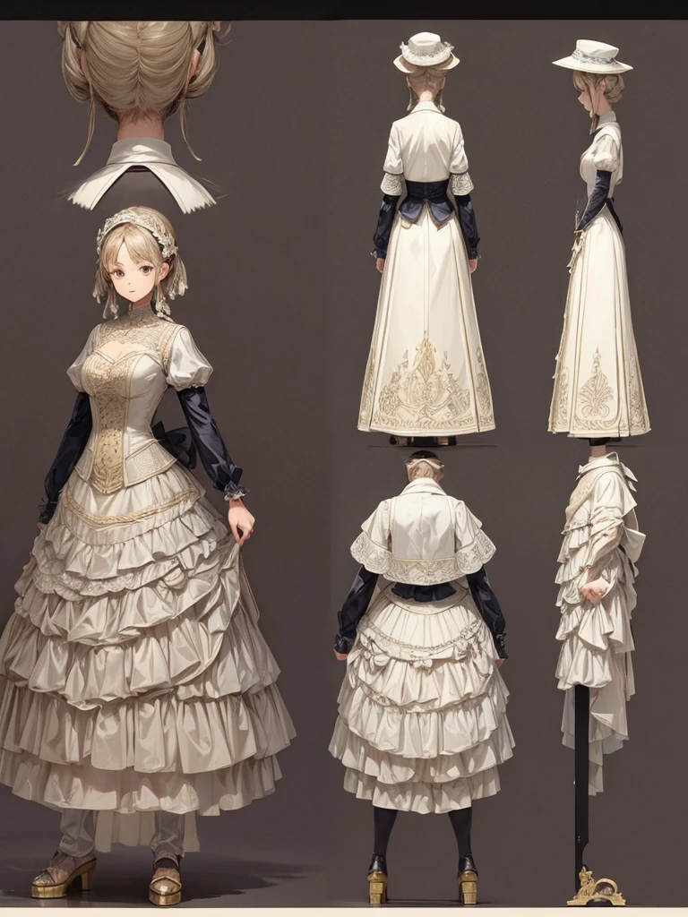 cute, standing lady, three view drawing, front and back and side,full body,simple background