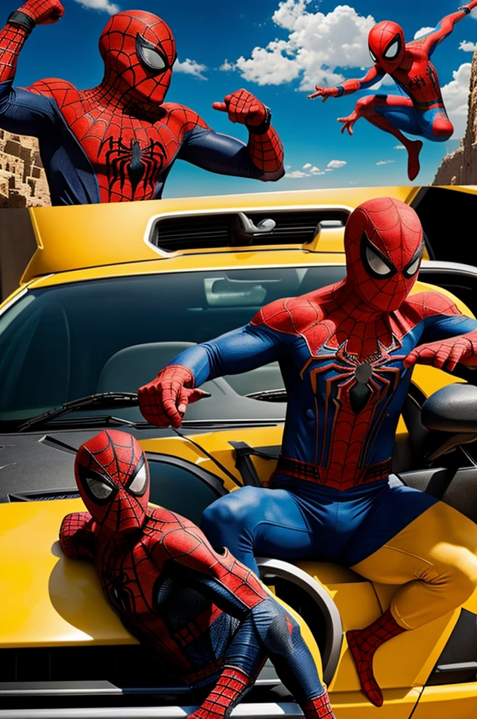 Pacman vs spiderman en Egipto con un ovni absoviendo una vaca y Goku boack en un carro con lean