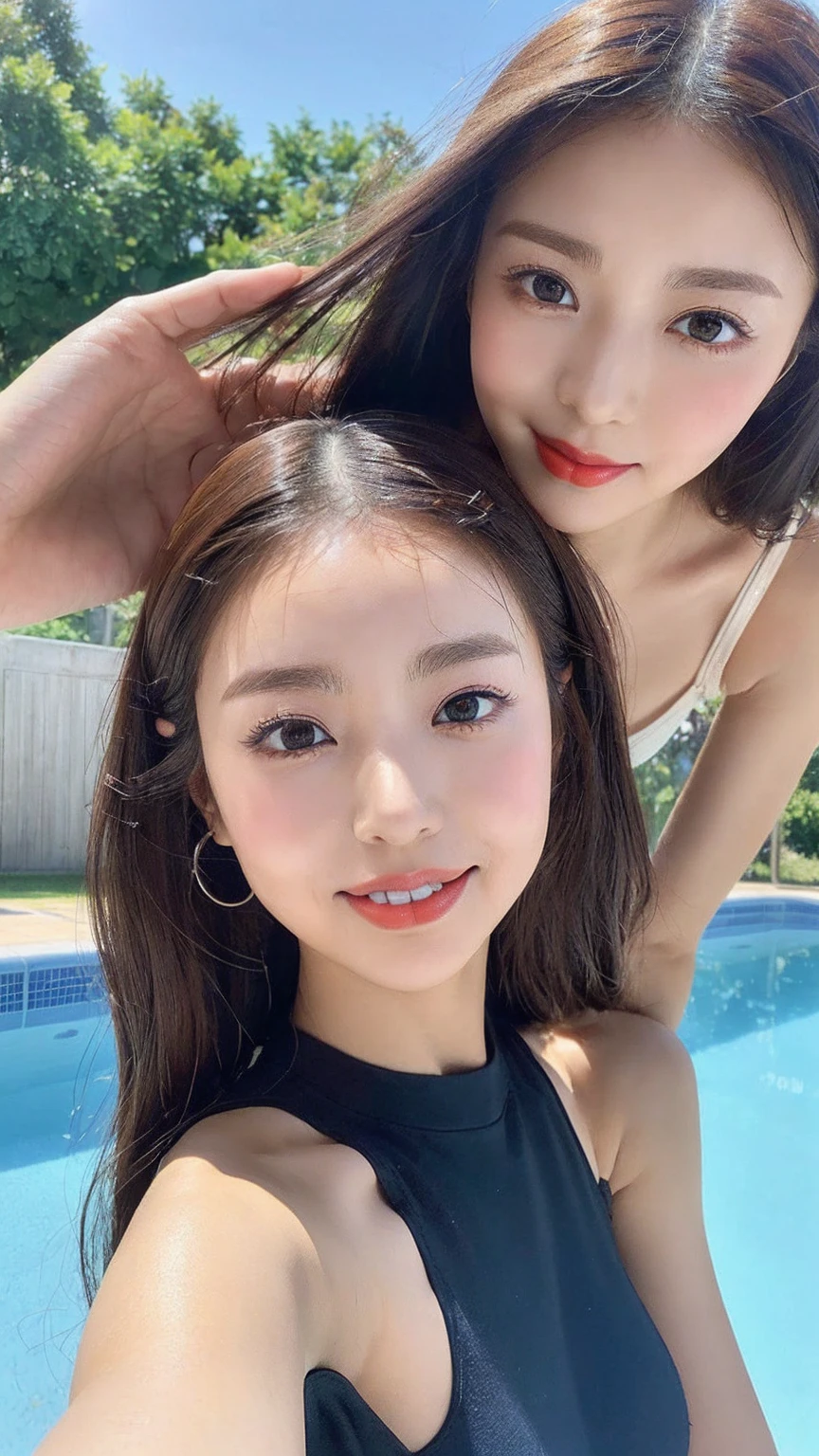 (((SFW:1.5)))、((Near the huge summer pool)), Genuine、8k、 ((Anatomically correct)),   18-year-old、1 female、Huge upper chest、Big cleavage、Round face、Baby Face、Cute Smile、Sunburn、 A close-up of her face:0.6, Top quality soft lighting, ((Realistic perfect round brown_eye:1.3、大きなeye、たれeye)), (light tan), ((Detailed pupil:1.4)), (Perfect Makeup:1.3), (Symmetrical lips:1.3)),(Bright shiny red_lipstick:1.35), ((Blue eyelashes: 1.17)), (Very detailed, Beautiful little nose:1.2), (Perfect composition), ((Sunburnした肌:1.28)), ((Oily skin)), ((The BlackＹshirt, The Blackチューブトップブラジャー) , The background is simple and blue, The gaze is directed downwards at a low angle、 (((Anatomically correct)))、（Perfect figure)、(Natural Hands、natural finger、Natural Legs)