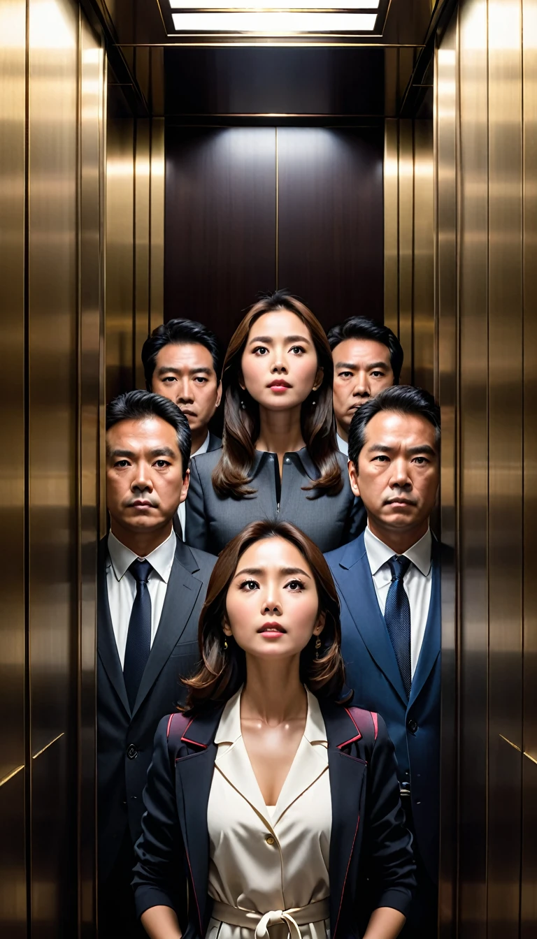 Elevator、Woman Facing Behind1Several men behind a person