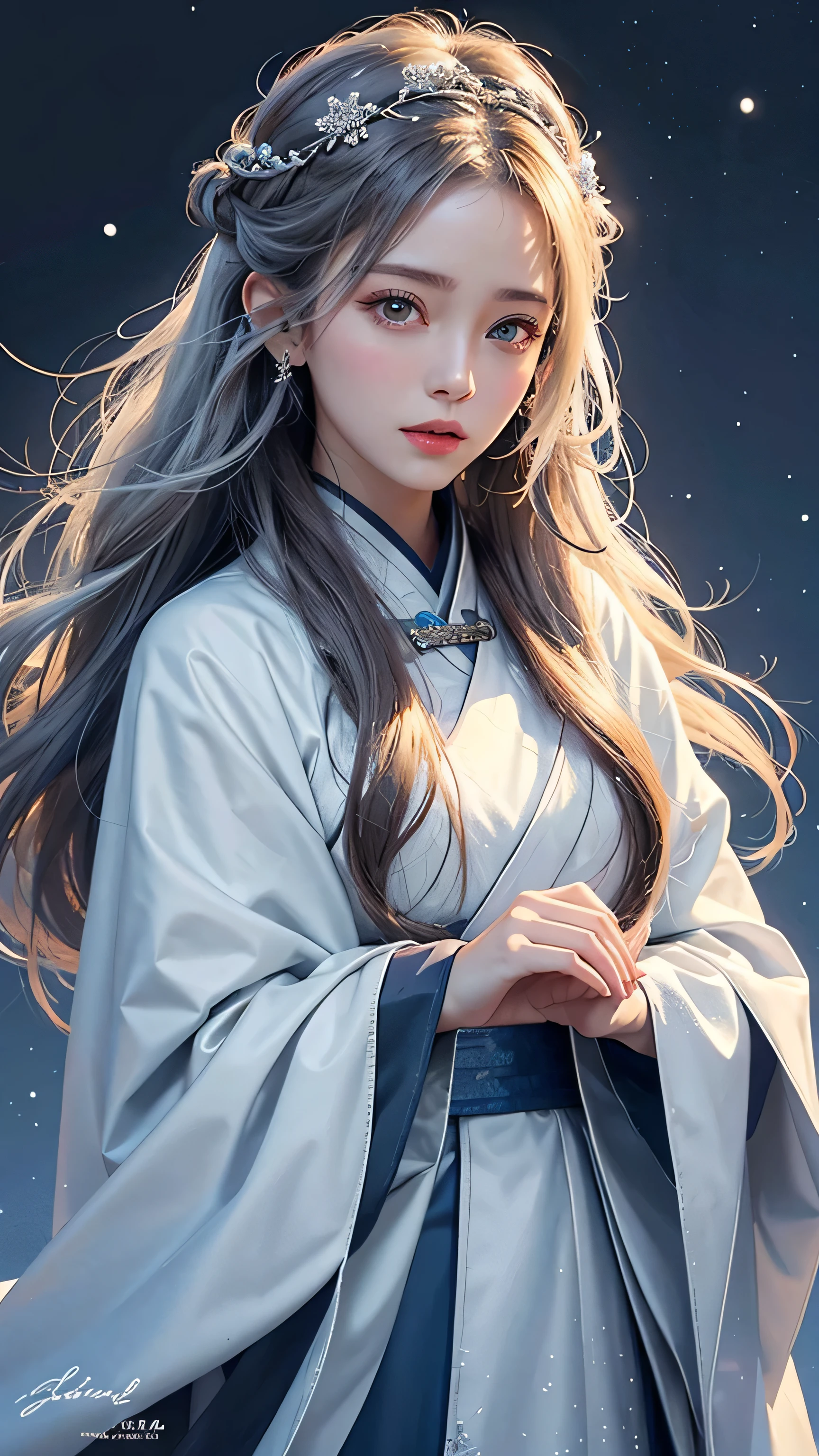 Realistic, High resolution, Soft Light,1 Female, alone, Hip Up, Glowing Skin, (Detailed face), jewelry, Winter Hanfu, Cape, snow, night, White Wavy Hair, Beautiful soldier, Eyes that beckon the viewer, Lover's point of view, Attractive expression, Sexy smile, Perfect Style, Perfect balance, Detailed skin, Mischievous Gaze