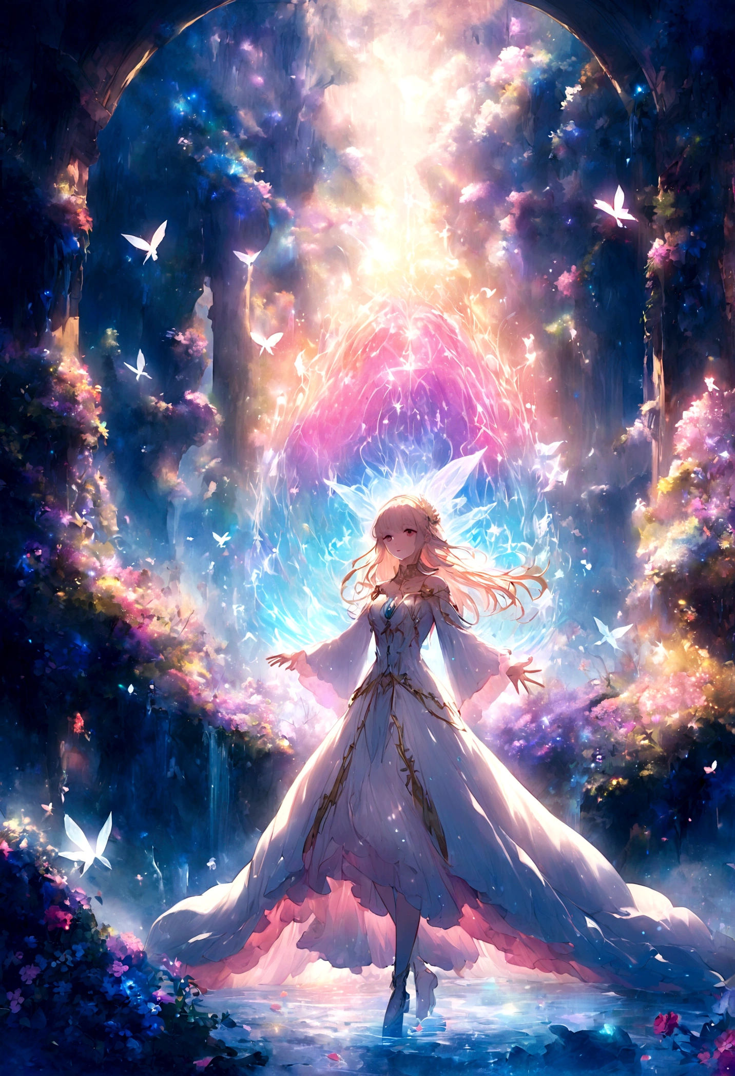 Girl casting a mysterious glowing spell, Fantasy rainbow ocean, Vibrant colors, Ethereal Lights, Detailed speech bubbles, magical atmosphere, Stunning scenery, Dreamy atmosphere, sparkling, Flowing robe, a touch of magic, Ethereal creatures, Sparkling waves, Mysterious symbols, Surreal beauty, Mist, There's magic in the air, Mesmerizing moments,Mysterious atmosphere, Whimsical Creatures, Full of charm, Fairy, Supernatural powers, Fantasy realm