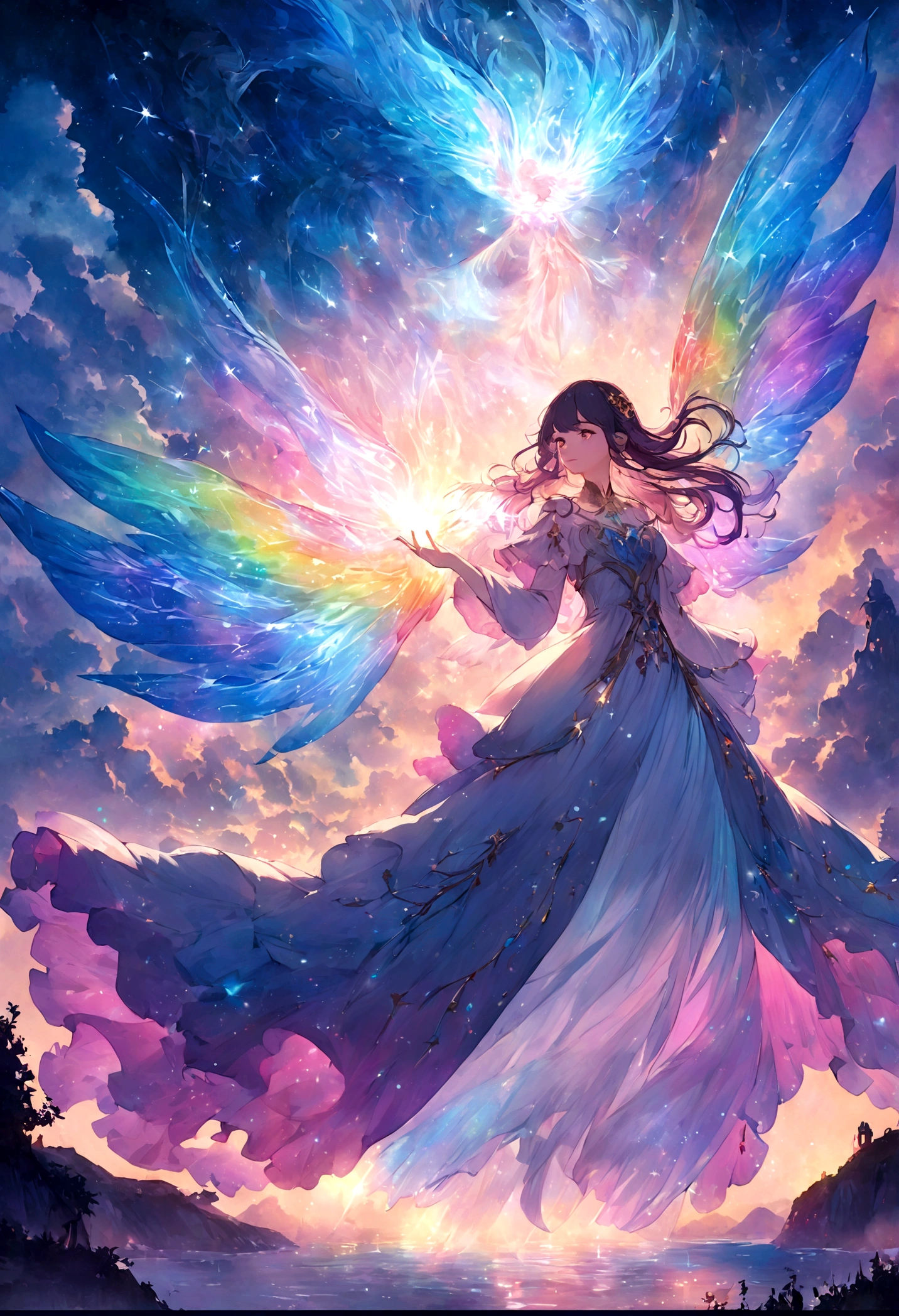 Girl casting a mysterious glowing spell, Fantasy rainbow ocean, Vibrant colors, Ethereal Lights, Detailed speech bubbles, magical atmosphere, Stunning scenery, Dreamy atmosphere, sparkling, Flowing robe, a touch of magic, Ethereal creatures, Sparkling waves, Mysterious symbols, Surreal beauty, Mist, There's magic in the air, Mesmerizing moments,Mysterious atmosphere, Whimsical Creatures, Full of charm, Fairy, Supernatural powers, Fantasy realm