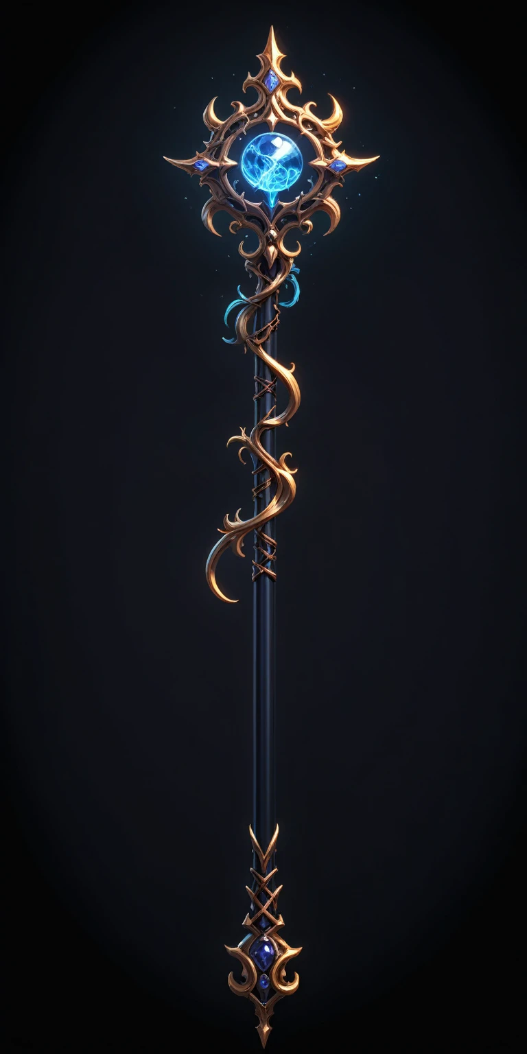 pixel art, cartoon illustration, Divine glavie greatstaff, Powerfull Magical theme, simple black background, RPG game icon