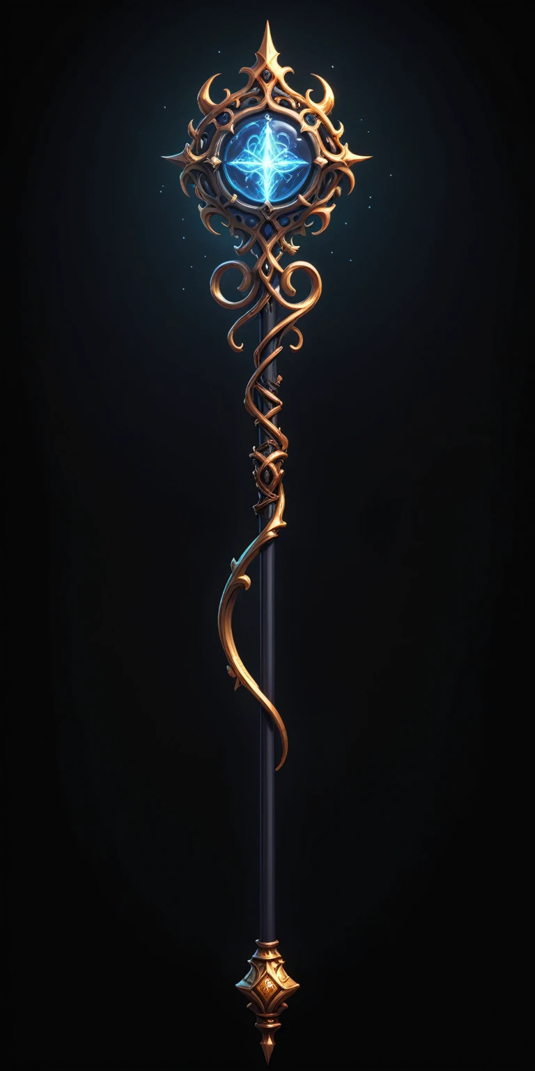 pixel art, cartoon illustration, Divine glavie greatstaff, Powerfull Magical theme, simple black background, RPG game icon