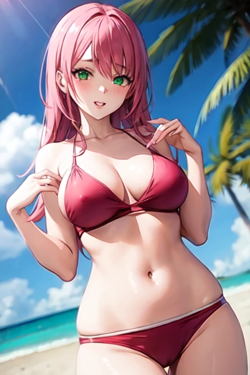 creates a 25-year-old anime girl with a red swimsuit carrying her wide-hip breasts and large breasts with pink hair and green eyes, en un paisaje de playa con palmeras