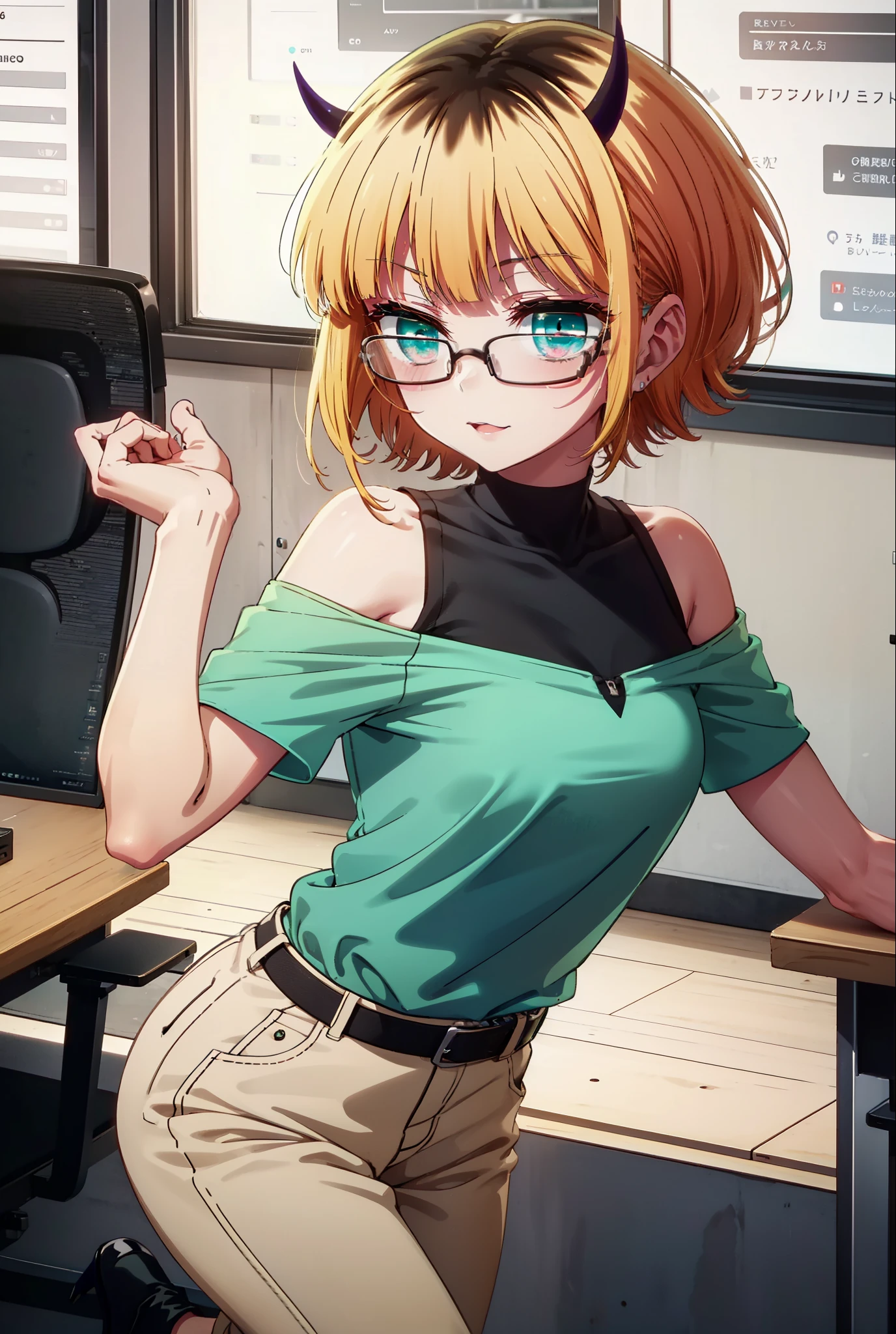 memcho, memcho, Long Hair, Blonde Hair, Multicolored Hair, horn, bangs, Brown Hair, Black Hair, blunt bangs, Two-tone hair, (Aqua Eye:1.3), :3,happy smile, smile, Open your mouth,Black-rimmed glasses,
Cold shoulder tops,Short sleeve,skinny pants,Stiletto heels,There is a computer on the table,So that the whole body goes into the illustration,Chair,walking,Daytime,
Break indoors, office,
壊す looking at viewer, Systemic
break (masterpiece:1.2), highest quality, High resolution, unity 8k wallpaper, (figure:0.8), (Beautiful fine details:1.6), Highly detailed face, Perfect lighting, Highly detailed CG, (Perfect hands, Perfect Anatomy),