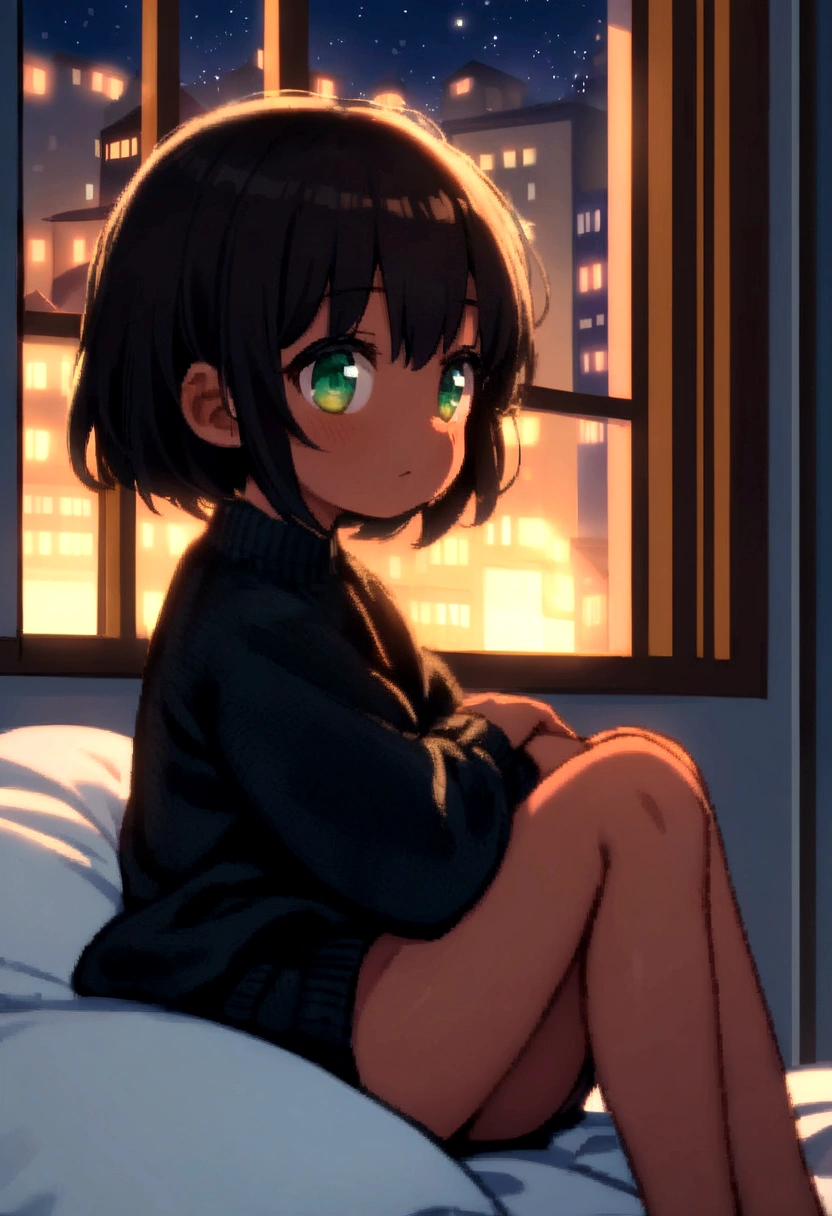 , short hair, dark hair, tan, green eyes, black sweater, bare legs, Sitting on the bed looking at the window, it's night, The night is full of bright stars, From the window you can see buildings with their windows open,