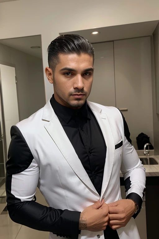 Foto real beleza masculina moda roupa preta moderna glamour luxo show alta costura homen latino atletico pedrarias brilho