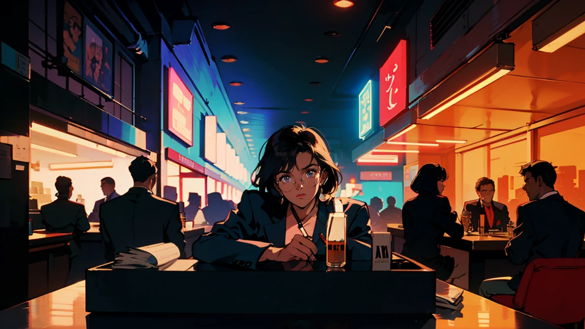 Bar counter at night, Beautiful Asian Girl, Night view from the window, Perfect Face, sunglasses, Smoking white Taylormade cigarettes, Neon Black, (Backlight: 1.1), Hard Shadows, masterpiece, highest quality, Complex, Model shooting style, Vintage, Film Grain,