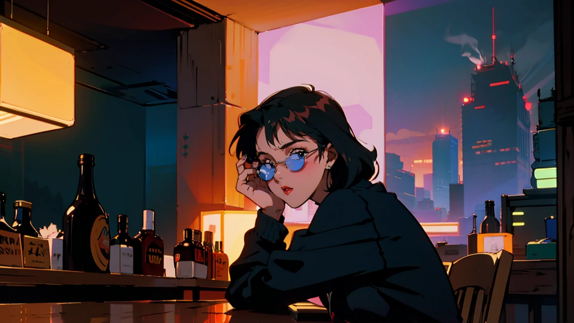 Bar counter at night, Beautiful Asian Girl, Night view from the window, Perfect Face, sunglasses, Smoking white Taylormade cigarettes, Neon Black, (Backlight: 1.1), Hard Shadows, masterpiece, highest quality, Complex, Model shooting style, Vintage, Film Grain,