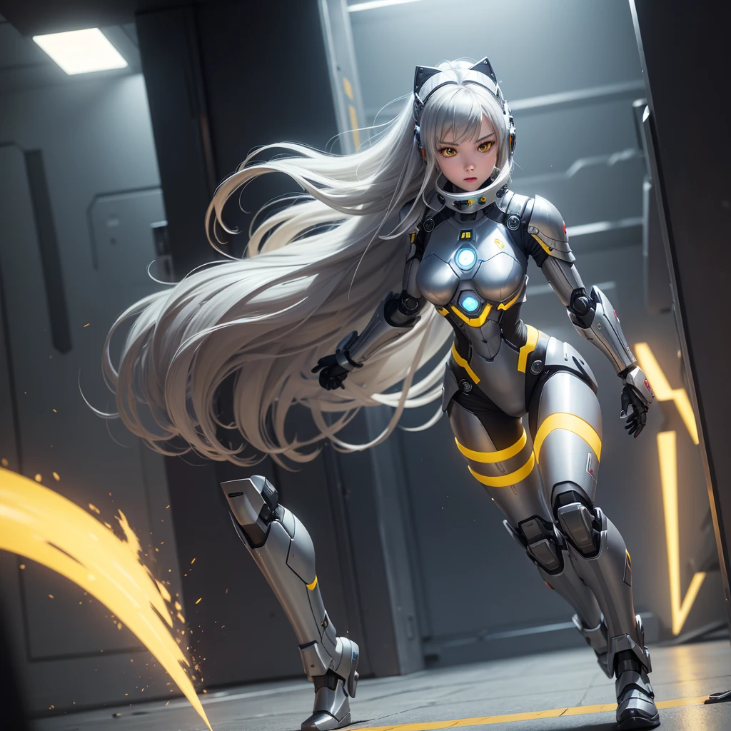 1girl, Female robot, superheroine, android girl, teenager, with a gray with yellow accents full body robotic metal armor, with a yellow cape, a yellow shinning decal in the chest, gray metal gloves and gray armored boots, and a metallic, long beam saber, pale skin, shinning yellow eyes, gray short shoulder length hair, wide hips, thick thighs, narrow waist, fighting in a futuristic city at night ((only one character))