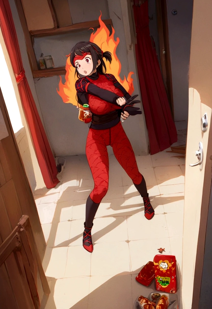 Over the top chili sauce ad, a female ninja is holding her bottom and desperately seeking a bathroom. He bottom is on fire. Chili pepper spiced foods are in each corner, show her from behinf
